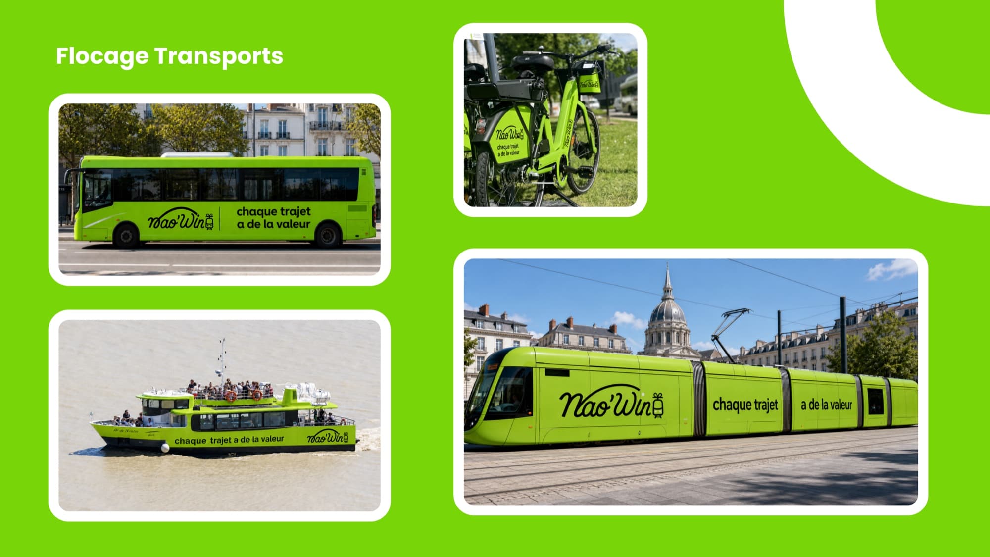 Slide « Flocage Transports » : un bus, un tramway, un navibus et un vélo aux couleurs vertes de Nao’Win