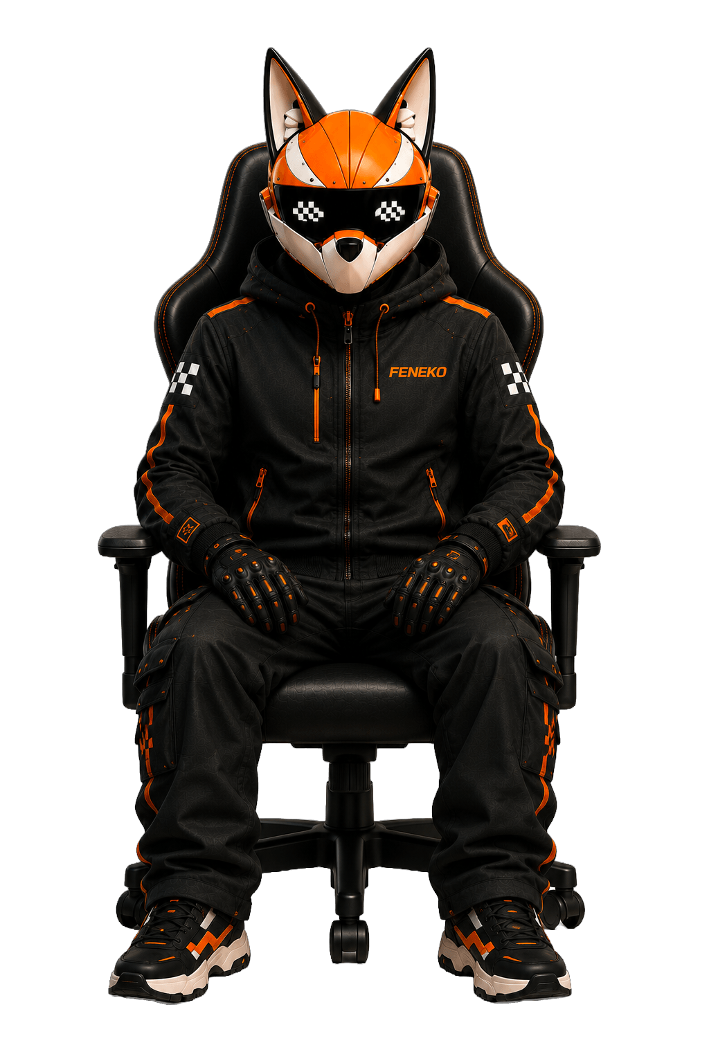 Feneko, renard au casque orange et à la visière pixelisée, en tenue noire à liserés orange, assis dans un fauteuil