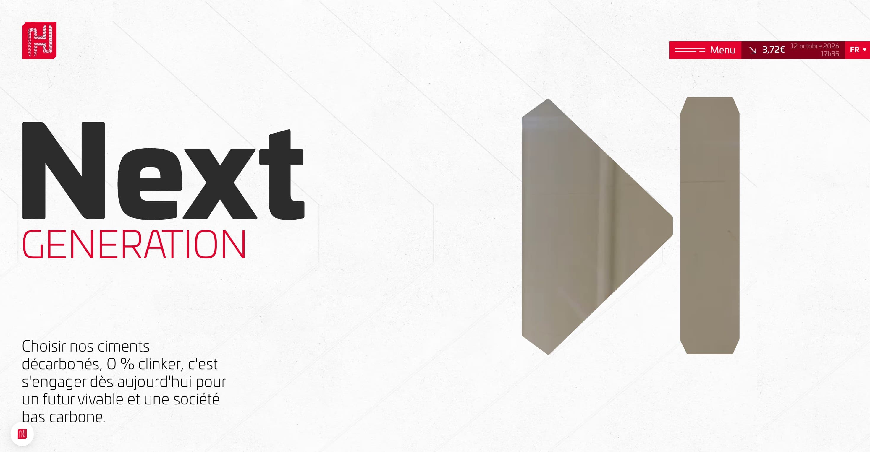 Haut de la page d’accueil de ciments-hoffmann.com : « Next GENERATION », le logo et une vidéo dans la lettre H
