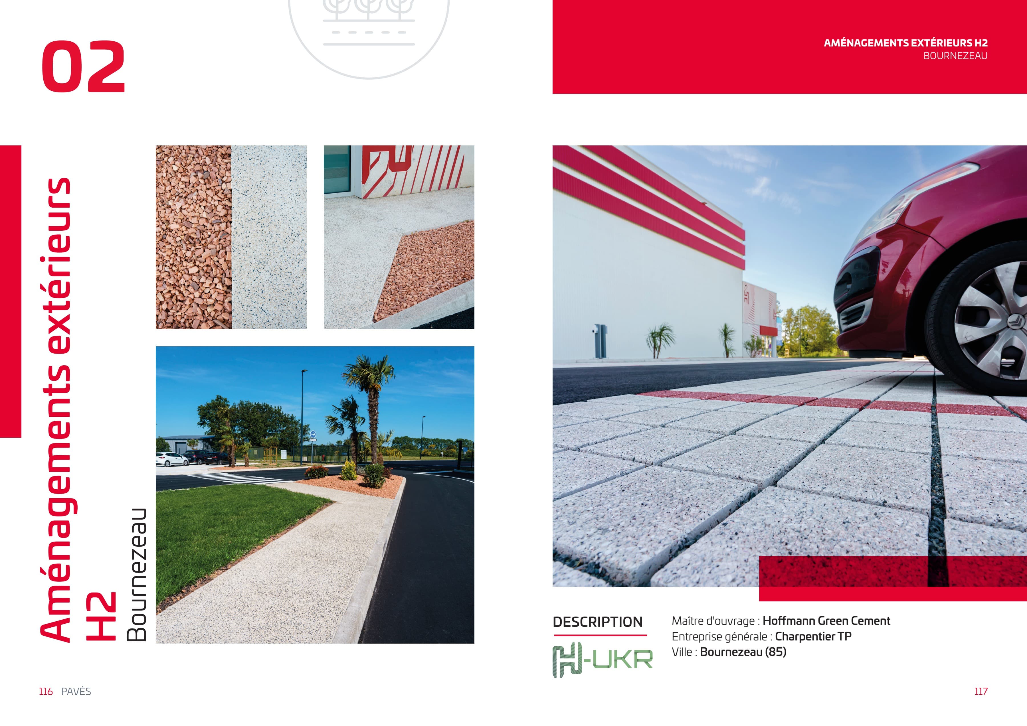 Double page « Aménagements extérieurs H2, Bournezeau » : pavés, allées et parking réalisés avec les ciments Hoffmann Green